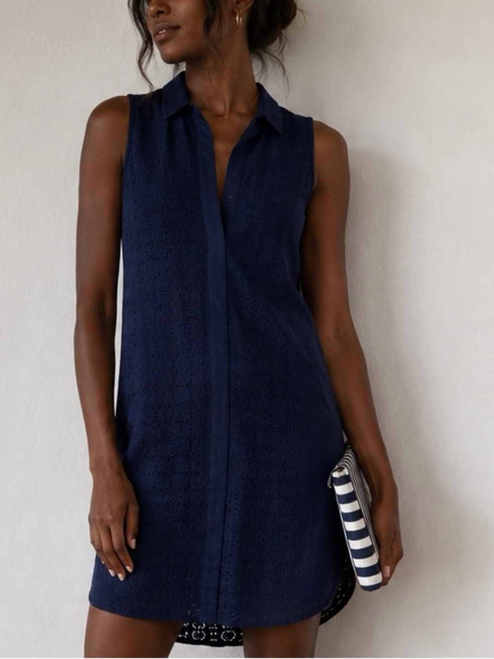 Equipment Femme Eyelet Sleeveless Shirt Dress Womens Small Navy Summer